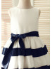 Ivory Taffeta Navy Blue Stripes Slit Back Knee Length Flower Girl Dress 